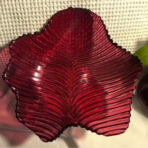 Vintage~Leaf Shaped Red Dimensional Candy Dish~Ribbed Glass Bowl